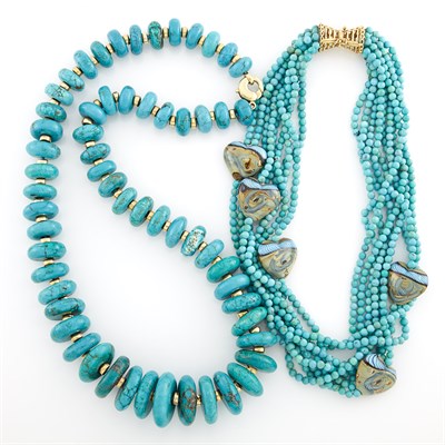 Lot 1104 - Two Turquoise and Glass Bead, Gold and Gilt-Metal Bead Necklaces