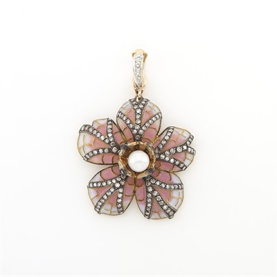 Lot 1681 - Gold, Plique-à-Jour Enamel, Freshwater Pearl and Diamond Flower Pendant