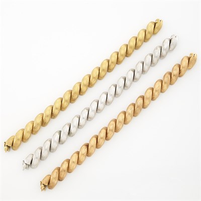 Lot 1855 - Three Yellow, Rose and White Gold Bracelets