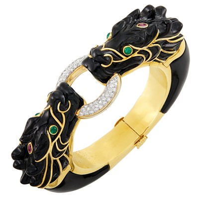 Lot 350 - Two-Color Gold, Carved Black Jade, Diamond, Cabochon Emerald and Ruby Double Foo Dog Bangle Bracelet