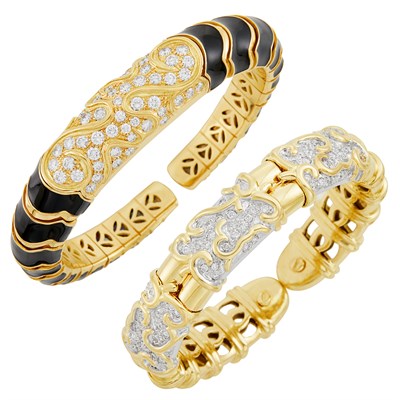Lot 77 - Gold, Black Enamel and Diamond Bracelet and Two-Color Gold and Diamond Bracelet
