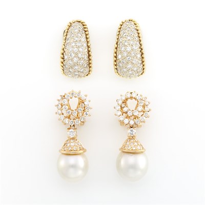 Lot 1960 - Pair of Gold and Diamond Earclips and Pair of Pink Gold, Diamond and Pearl Pendant-Earclips