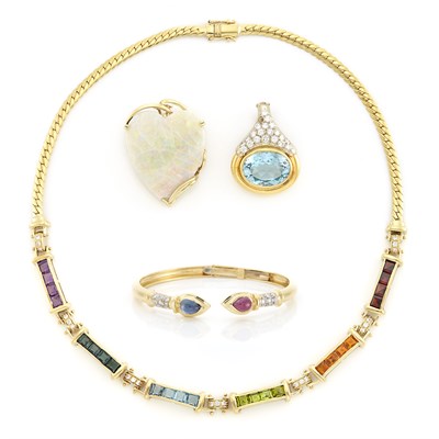 Lot 1126 - Gold, Gem-Set and Diamond Necklace, Bangle Bracelet, Pendant and Opal Enhancer