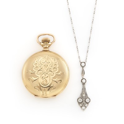 Lot 1358 - Platinum and Diamond Pendant-Necklace, Tiffany & Co., and Gold Hunting Case Pocket Watch, Waltham