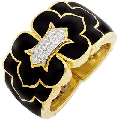 Lot 434 - Two-Color Gold, Black Enamel and Diamond Cuff Bangle Bracelet
