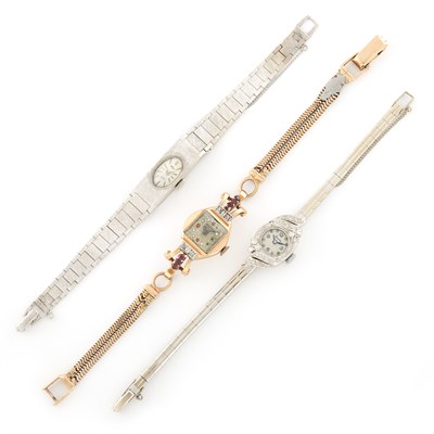 Lot 1286 - Three White and Rose Gold, Diamond, Ruby and Simulated Stone Wristwatches