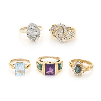 Lot 1284 - Five Gold, Diamond, Simulated Diamond and Gem-Set Rings