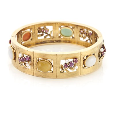 Lot 1264 - Gold, Hardstone, Ruby and Cultured Pearl Bangle Bracelet