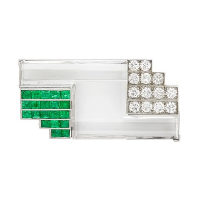 Lot 333 - Platinum, Carved Rock Crystal, Emerald and Diamond Brooch