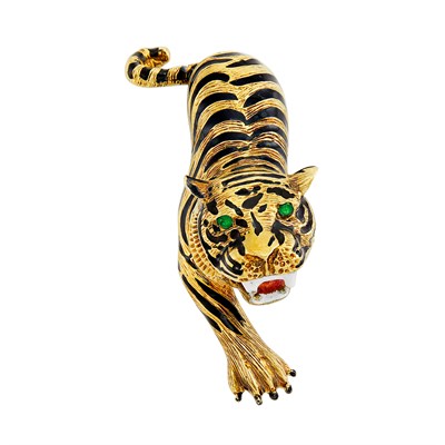Lot 420 - Gold and Multicolored Enamel Tiger Clip-Brooch, Martine