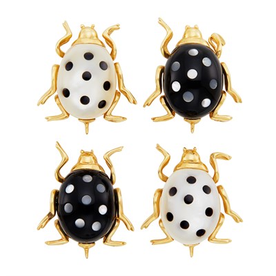Lot 23 - Four Gold, Mother-of-Pearl and Black Onyx Lady Bug Pins