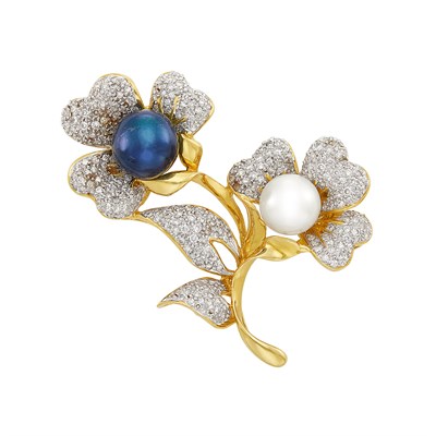 Lot 21 - Gold, Black Cultured Pearl, Cultured Pearl and Diamond Double Flower Brooch