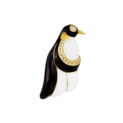 Lot 7 - Gold, Black and White Enamel and Diamond Penguin Pendant-Brooch