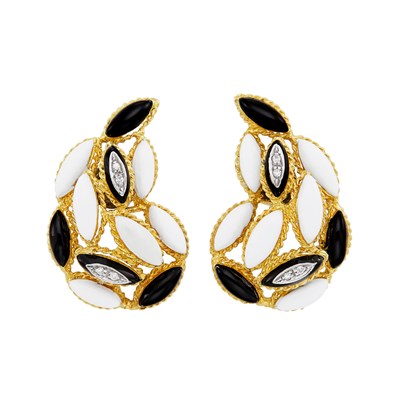 Lot 30 - Pair of Gold, Black and White Enamel and Diamond Earclips