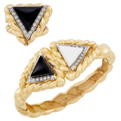 Lot 19 - Gold, Black Onyx, White Agate and Diamond Bangle Bracelet and Ring with Interchangeable Hardstones