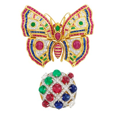 Lot 171 - Gold, Multicolored Stone and Diamond Butterfly Brooch and White Gold, Cabochon Colored Stone and Diamond Ring