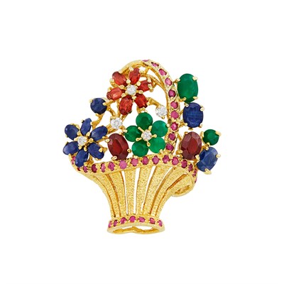 Lot 176 - Gold, Multicolored Stone and Simulated Diamond Flower Basket Brooch