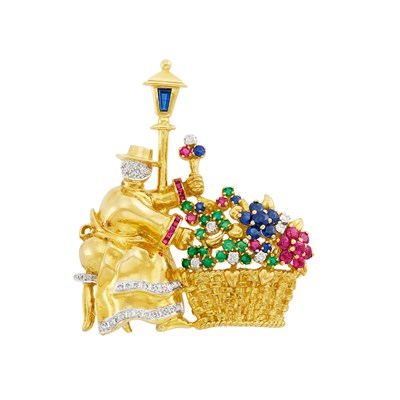 Lot 196 - Gold, Multicolored Stone and Diamond City Gardener Clip-Brooch