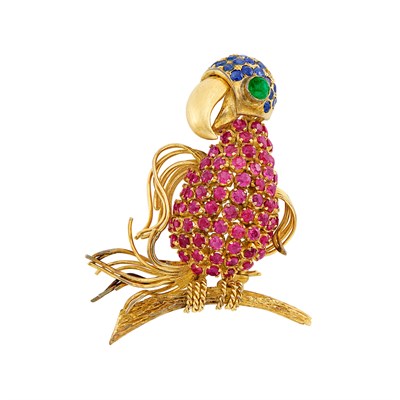 Lot 194 - Gold, Cabochon Emerald and Gem-Set Bird Brooch