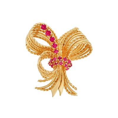 Lot 164 - Gold and Ruby Bow Brooch