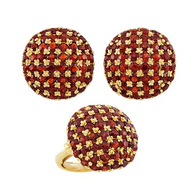 Lot 195 - Pair of Gold and Garnet Dome Earrings and Ring