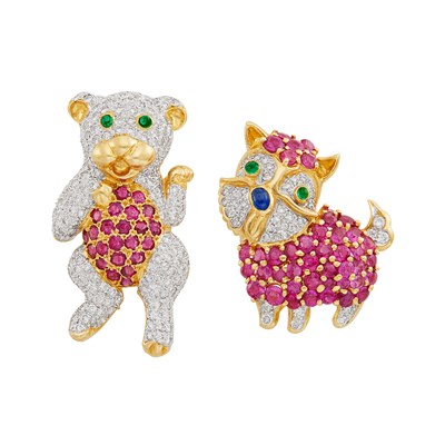 Lot 166 - Two Gold, Diamond, Ruby and Cabochon Emerald and Sapphire Teddy Bear and Dog Pins