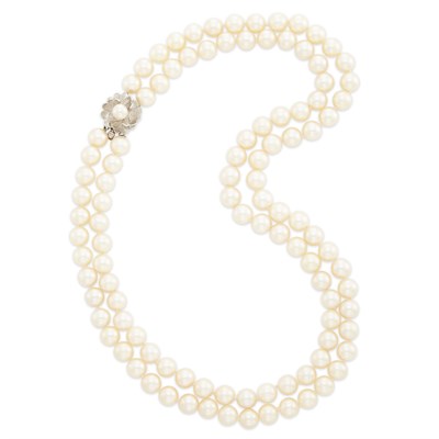 Lot 1739 - Double Strand Cultured Pearl Necklace with White Gold and Cultured Pearl Clasp