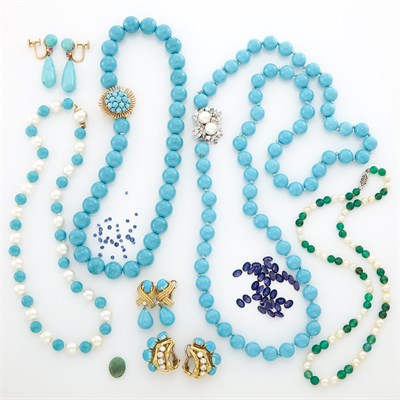 Lot 1826 - Group of Gold, Diamond, Blue Stone, Green Chalcedony and Cultured Pearl Jewelry and Unmounted Stones