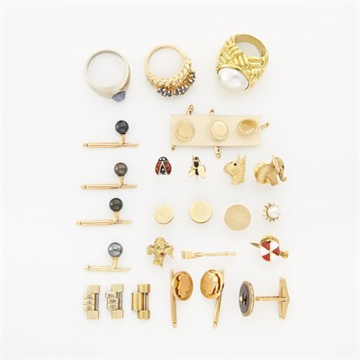 Lot 1715 - Three Watch Links, Rolex, and Group of Gold, Metal, Enamel and Gem-Set Tie Tacks, Shirt Studs and Rings