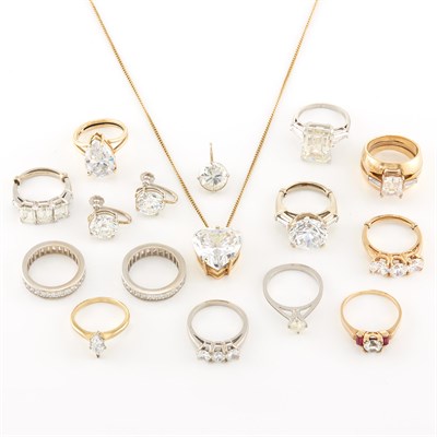Lot 2088 - Group of Platinum, Gold, Low Karat Gold and Simulated Diamond Rings, Earrings and Pendants