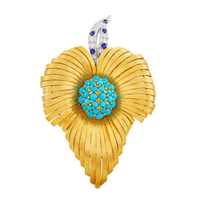 Lot 406 - Gold, Platinum, Turquoise, Diamond and Sapphire Clip-Brooch, Cartier