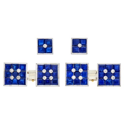 Lot 484 - White Gold, Sapphire and Diamond Dress Set, Wedderien