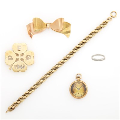 Lot 1581 - Gold-Filled Bracelet, Gold Open Face Pendant-Watch, Clover Pin, Bow Brooch and Platinum and Diamond Band Ring