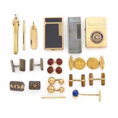 Lot 1399 - Six Pairs of Gold, Low Karat Gold and Silver Cufflinks, Three Lighters and Gentleman's Accessories