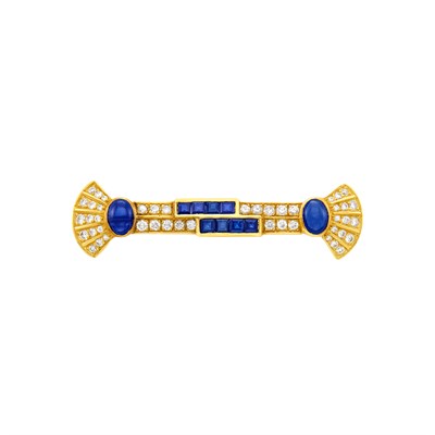 Lot 1334 - Gold, Sapphire, Cabochon Sapphire and Diamond Bar Brooch