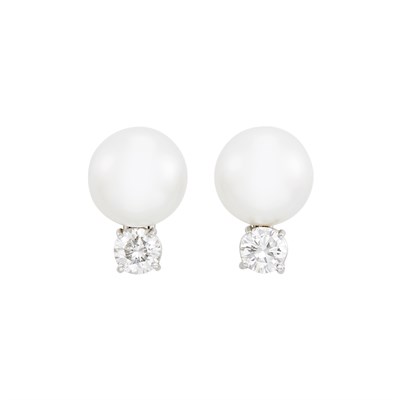 Lot 608 - Pair of White Gold, South Sea Cultured Pearl and Diamond Earclips