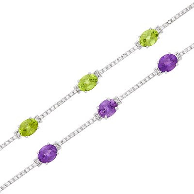 Lot 734 - Pair of White Gold, Peridot, Amethyst and Diamond Bracelets