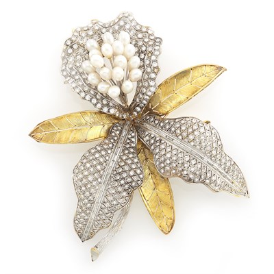Lot 1190 - Oversized Two-Color Gold, Freshwater Pearl and Diamond Orchid Clip-Brooch