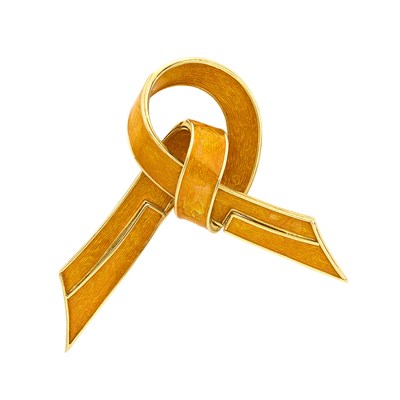 Lot 370 - Gold and Orange Enamel Bow Clip-Brooch, Bulgari