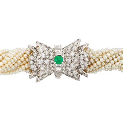 Lot 471 - Multistrand Cultured Pearl Torsade Bracelet with Platinum, Emerald and Diamond Clasp