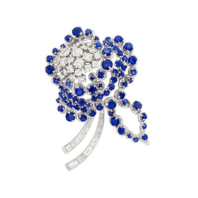 Lot 244 - White Gold, Diamond and Sapphire Flower Clip-Brooch