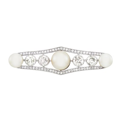 Lot 525 - Platinum, Mabé and Freshwater Button Pearl and Diamond Bar Brooch, France