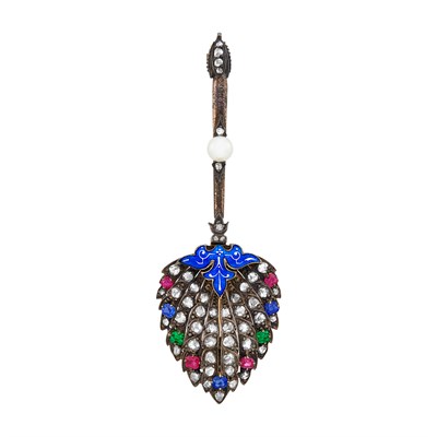 Lot 151 - Antique Silver, Gold, Diamond and Gem-Set Fan Bar Pin, France
