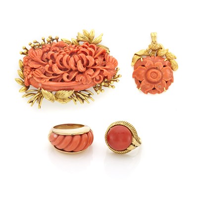 Lot 1147 - Group of Gold and Coral Jewelry
