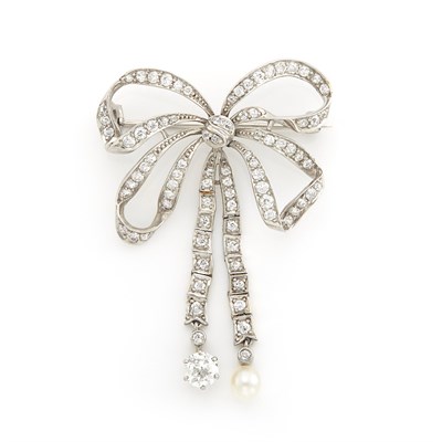 Lot 1193 - Rhodium-Plated Gold, Diamond and Pearl Brooch