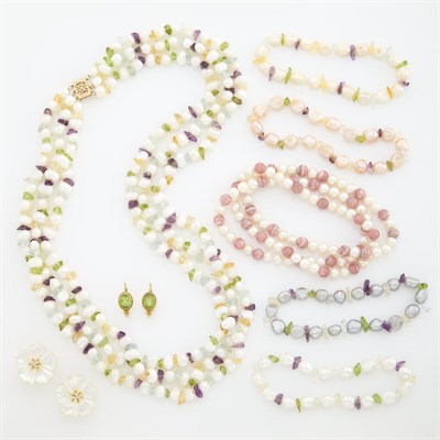 Lot 1770 - Triple Strand Freshwater Pearl and Gem-Set Bead Necklace, Five Bracelets, Peridot Earrings and Mother-of-Pearl and Diamond Earrings