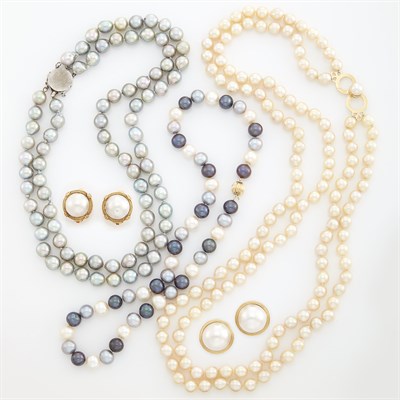 Lot 1301 - Three Cultured and Freshwater Pearl Necklaces and Two Pairs of Gold and Mabé Pearl Earrings