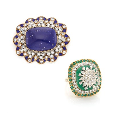 Lot 1845 - Two-Color Gold, Lapis, Enamel and Diamond Brooch and Enamel and Diamond Ring