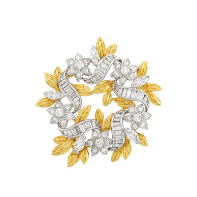 Lot 438 - Platinum and Diamond Wreath Brooch with Gold Jacket