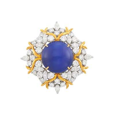 Lot 168 - Platinum, Gold, Cabochon Sapphire and Diamond Brooch